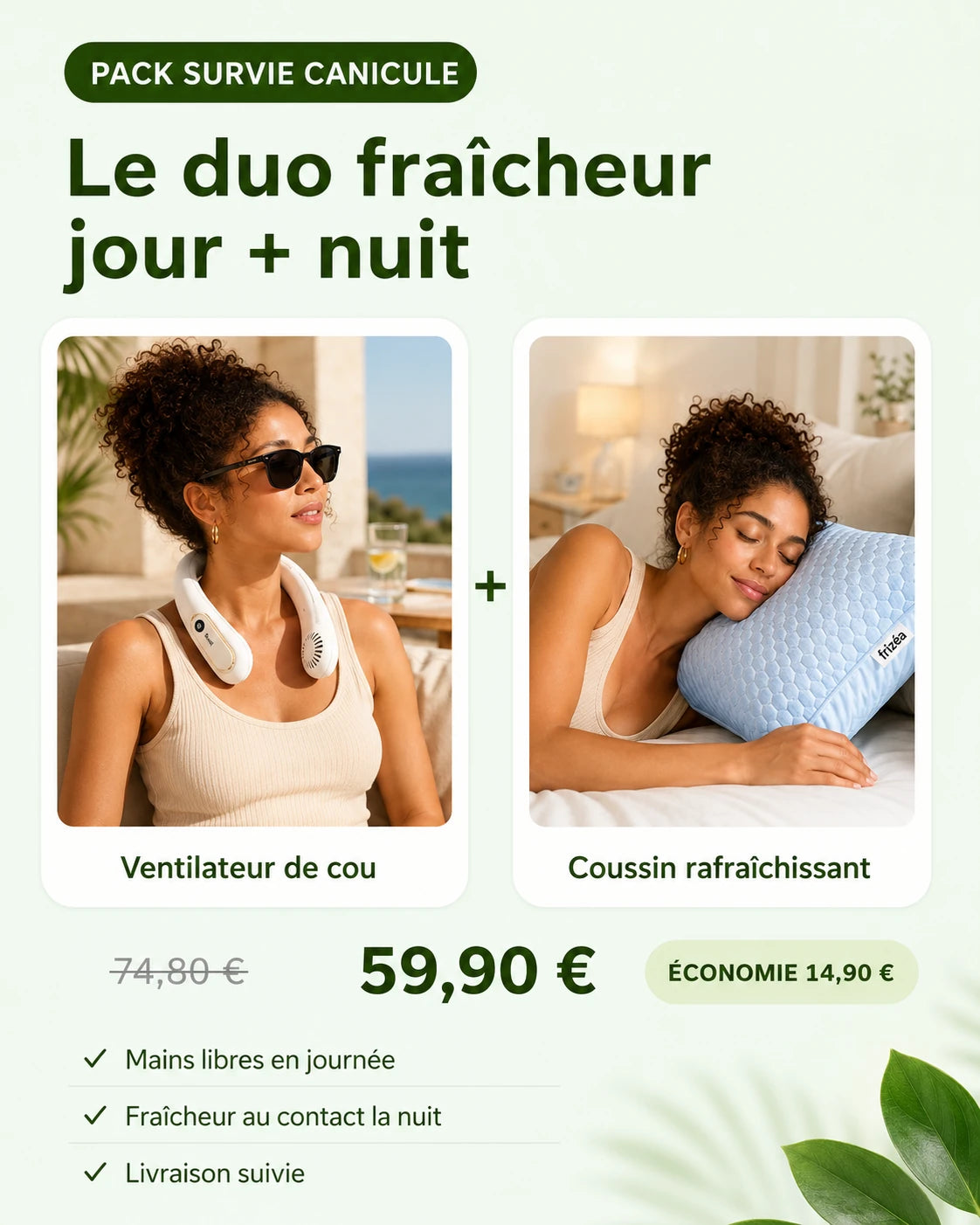 Pack Survie Canicule Frizéa : ventilateur de cou et coussin rafraîchissant à 59,90 €